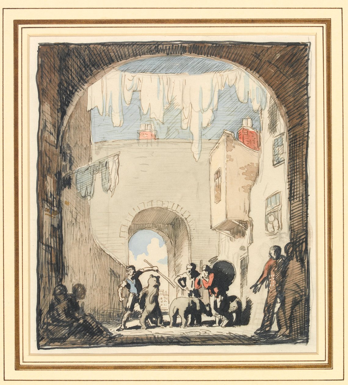 Pouliční scéna (grafit, pero a inkoust a vodové barvy na papíře) od William Orpen