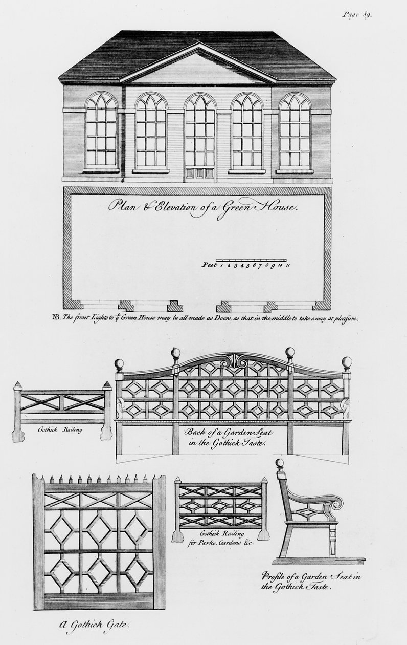 Plán a nárys zeleného domu a návrhy zahrad v gotickém stylu z knihy „Stavitelův společník a generální asistent dělníka“, vydané v roce 1783 od William Pain