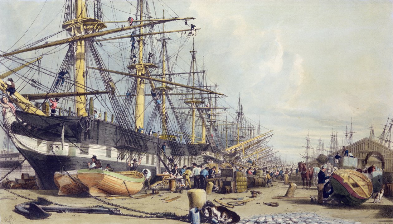 West India Docks, z „Londýna od Temže“, 1840 od William Parrott