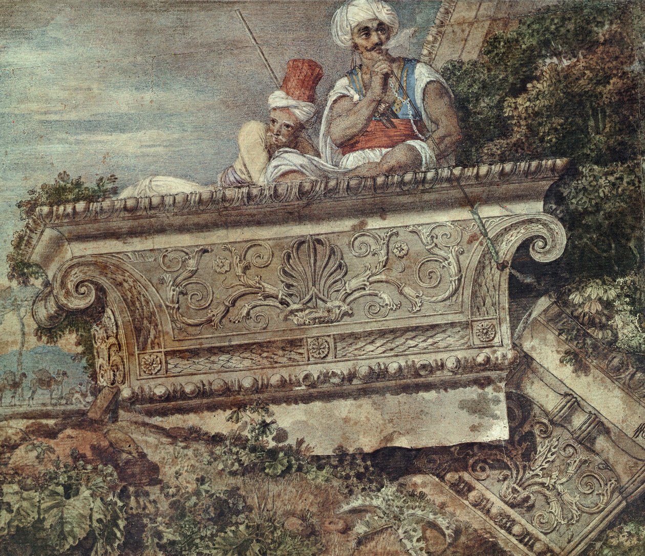 Ruiny chrámu Apollo Didymaeus, 1765 (wc, barva těla, pero a inkoust na papíře) od William Pars