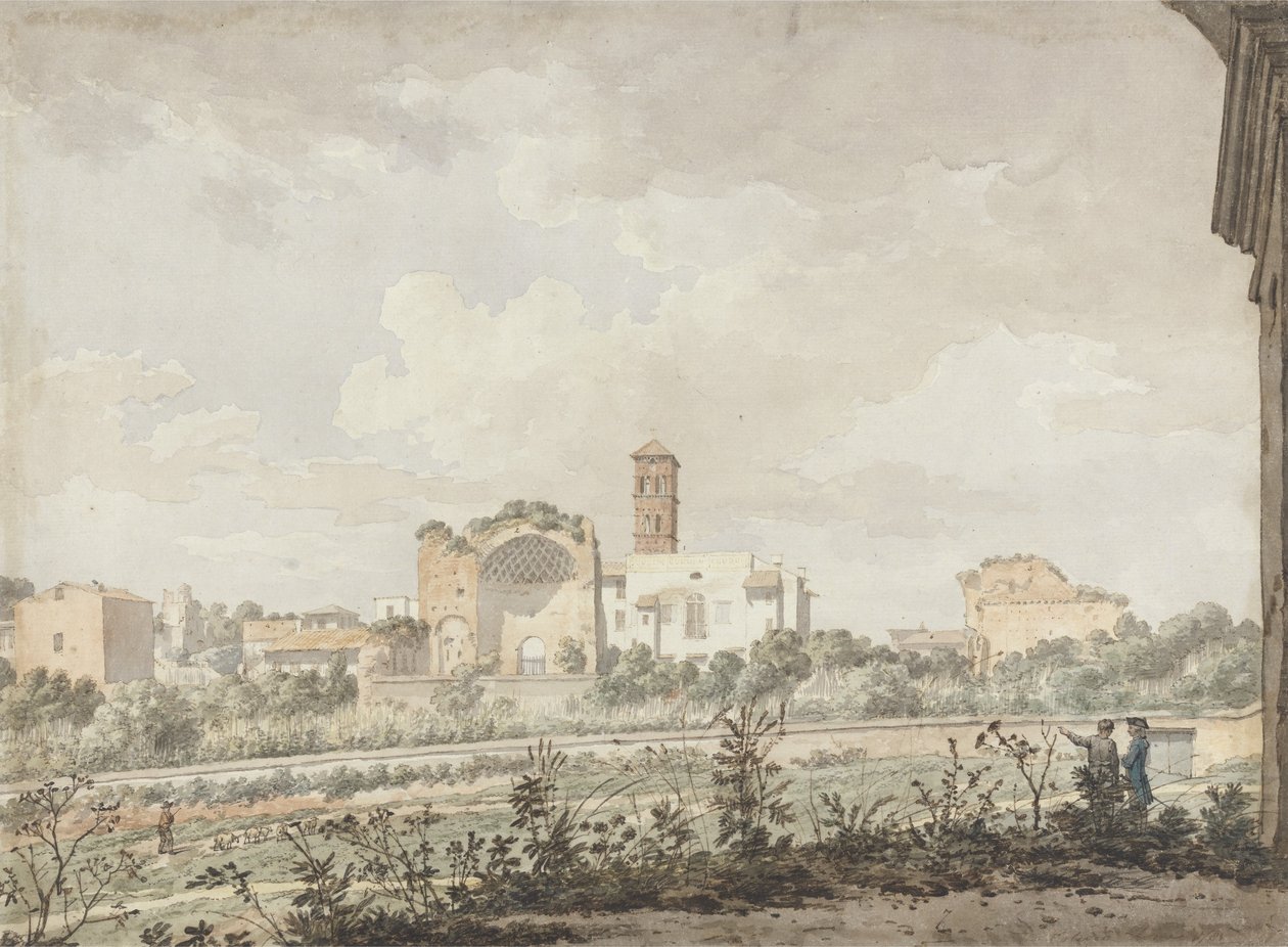Venušin chrám a Řím, Řím, 1781 (wc s perem a hnědým inkoustem přes tužku na papíře) od William Pars
