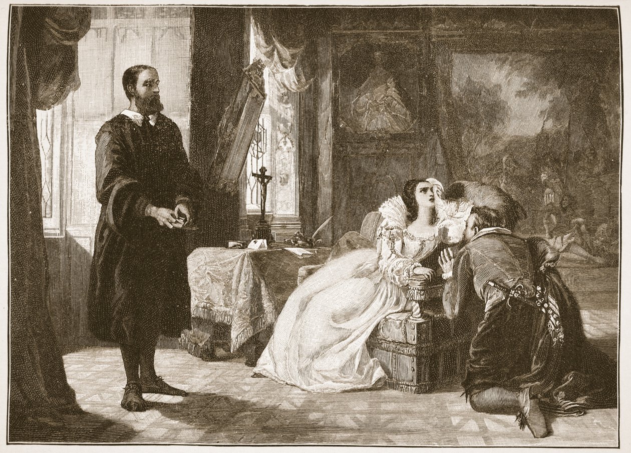 John Knox kárá skotskou královnu Marii, ilustrace z knihy "Anglikánská církev: Spence-Jones, vyd. cca 1910 (sépiová fotografie). od William Powell Frith
