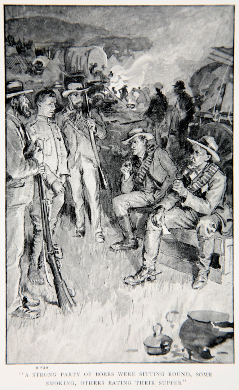 Kolem seděla silná skupina Búrů, někteří kouřili, jiní jedli večeři, ilustrace z „With Roberts to Pretoria: A Tale of the South African War“ od G.A. Henty, hospoda. Londýn, 1902 od William Rainey