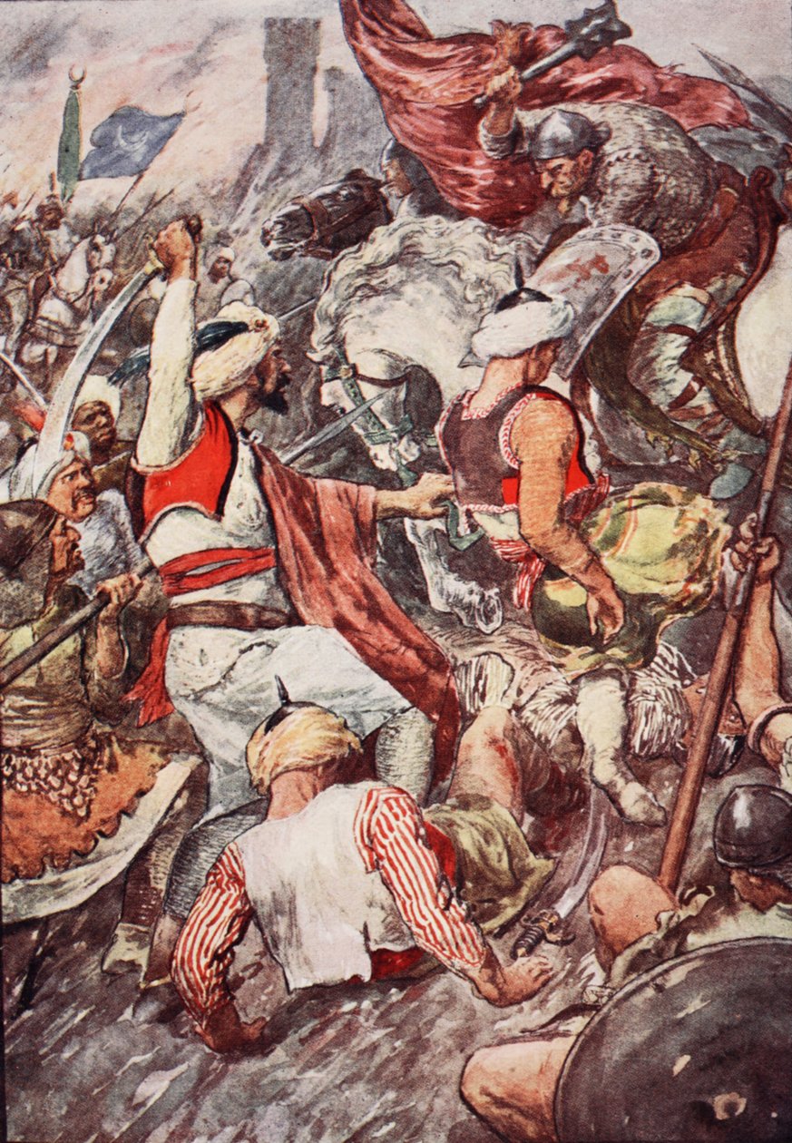 „Kvůli těžkým úderům, které vévoda Charles zasypal Saracény, byl nazýván Charlesem Kladivem“, ilustrace z „Příběh Francie vyprávěný chlapcům a dívkám“ od Mary Macgregorové, 1920 (barva li od William Rainey
