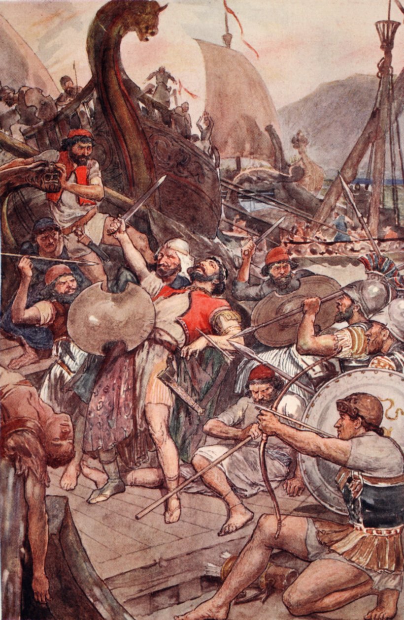 Smrt perského admirála u Salamíny, ilustrace z "Plutarchova života pro chlapce a dívky", převyprávěl W. H. Weston, Londýn, cca 1910. od William Rainey