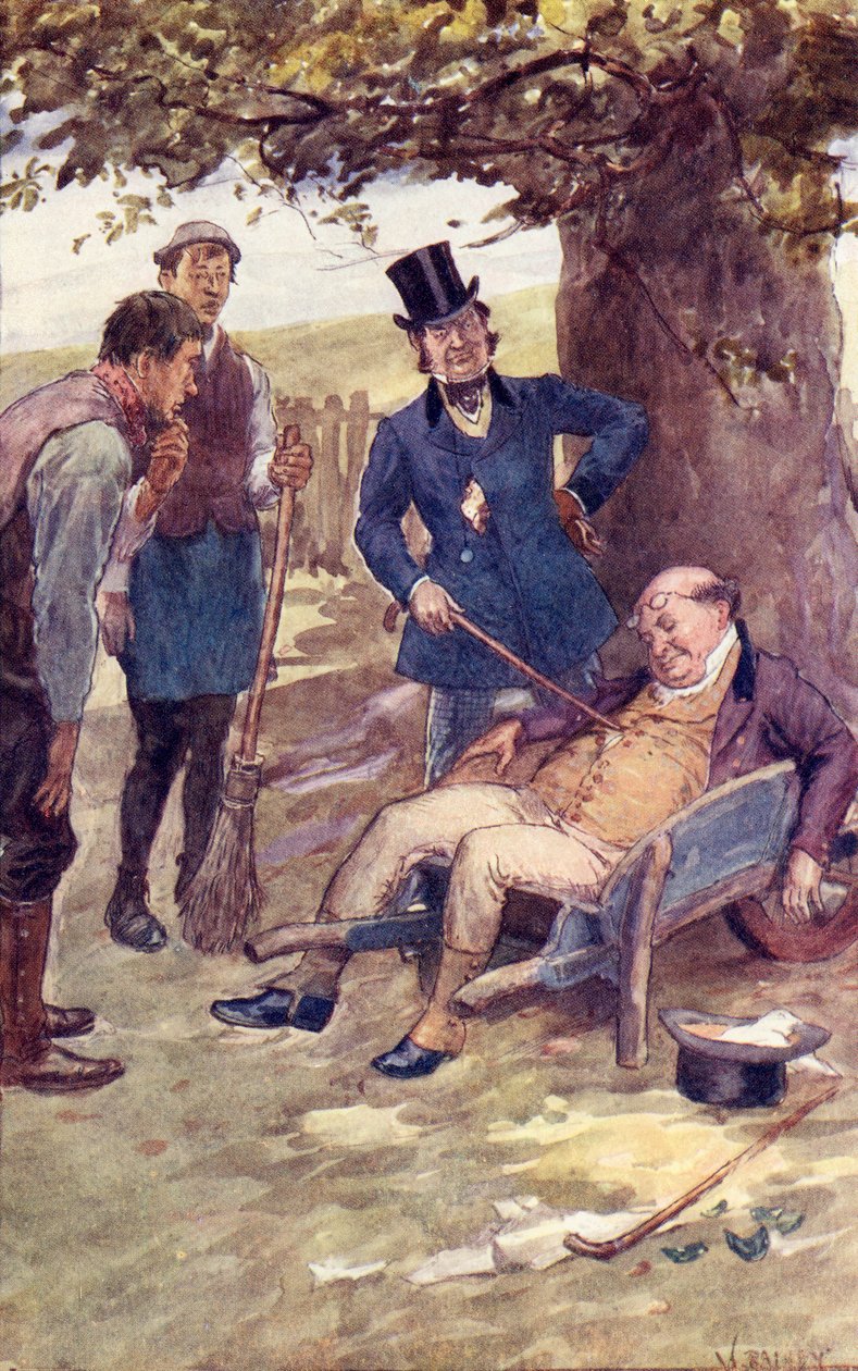 Pan Pickwick probuzený kapitánem Boldwigem, frontispis z knihy "The Pickwick Papers", Charles Dickens od William Rainey