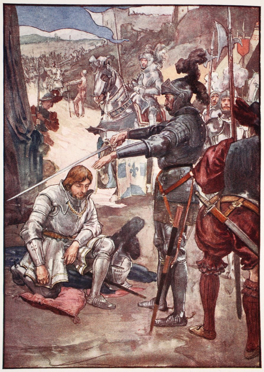 „Vzal svůj meč a řekl, prosím, Bože, pane, abys ve válce nikdy neuletěl,“ ilustrace z „Příběhu Francie vyprávěný chlapcům a dívkám“ od Mary Macgregorové, 1920 od William Rainey