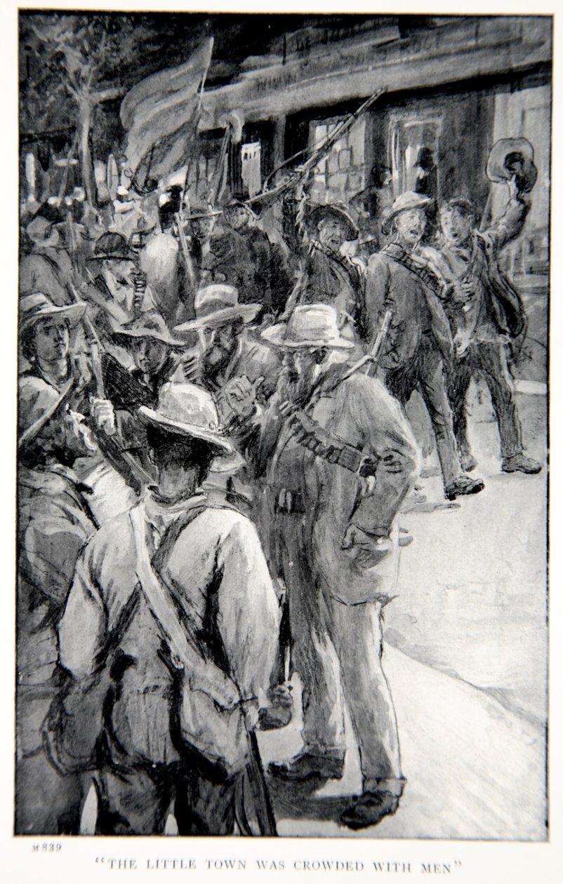 Městečko bylo přeplněné muži, ilustrace z knihy "S Robertsem do Pretorie: Hentyho, vyd. Londýn, 1902 od William Rainey