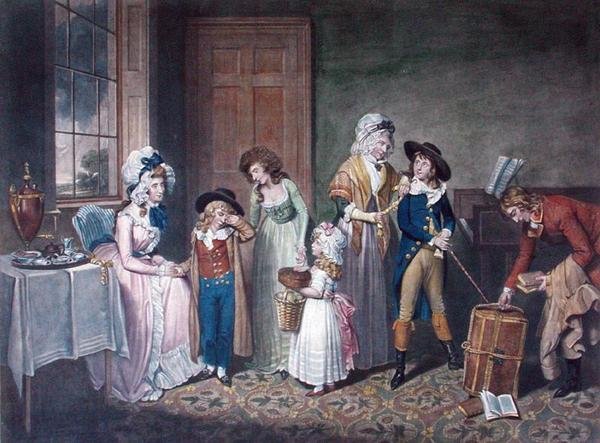 Černé pondělí aneb The Departure for School, vyryl John Jones (c.1745-97), pub. W. Bigg, 1790 (barevná rytina) (viz též 125510) od William Redmore after Bigg