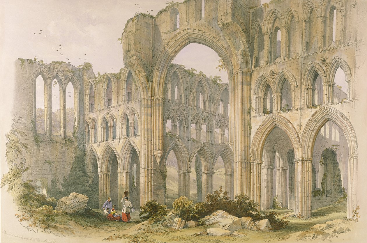 Rievaulx Abbey, transept and Choir, z „The Monastic Ruins of Yorkshire“, vyryl George Hawkins (1819-52), 1843 od William Richardson