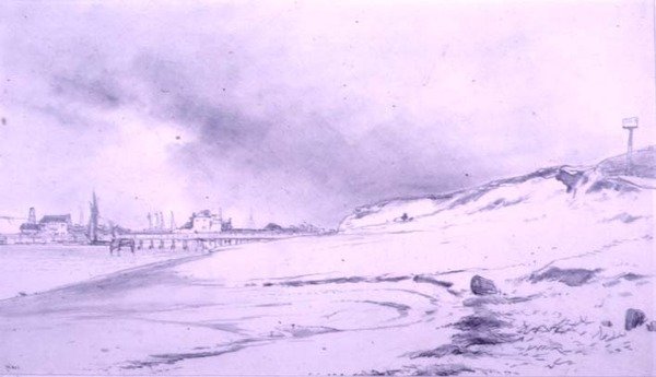 River Bank, s molem a budovami od William Roxby Beverly