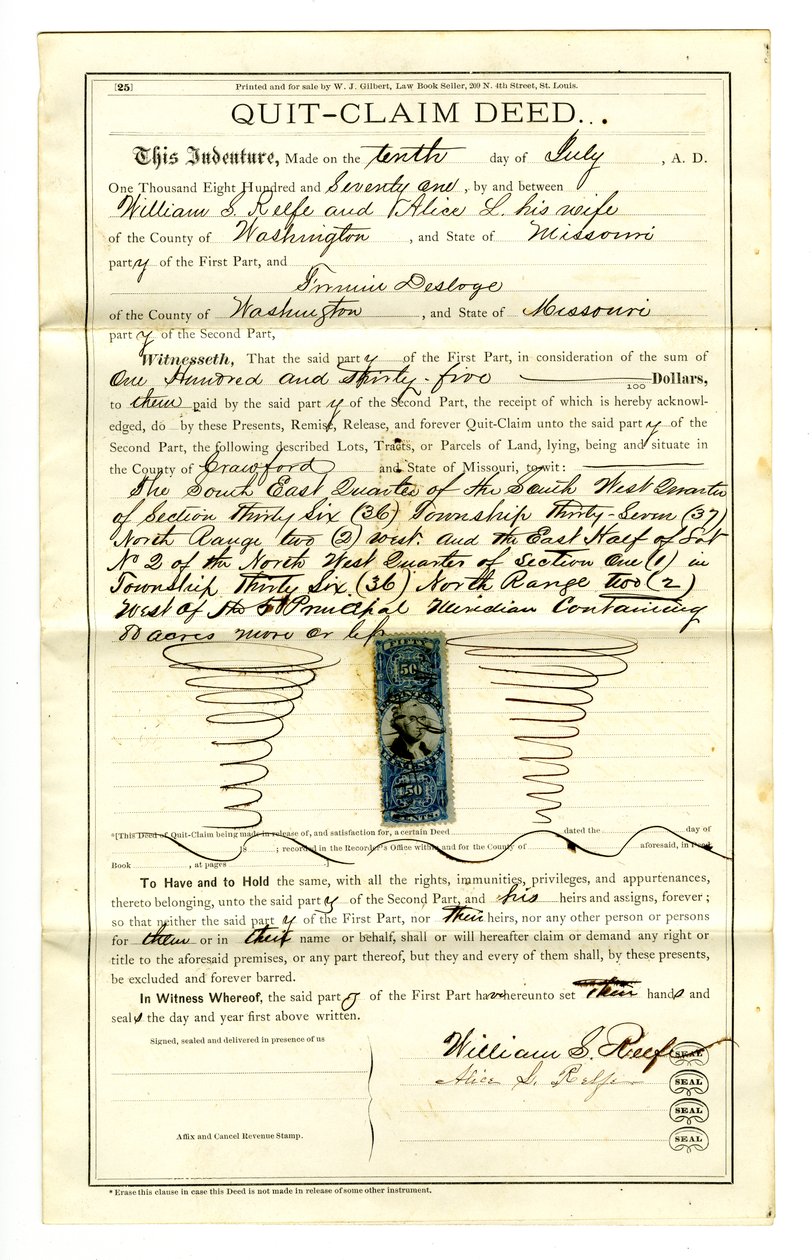 Ukončete listinu o nároku podepsanou Williamem S. Reefe a Alice L. Reefe z Washington County, 10. července 1871 od William S. Reefe