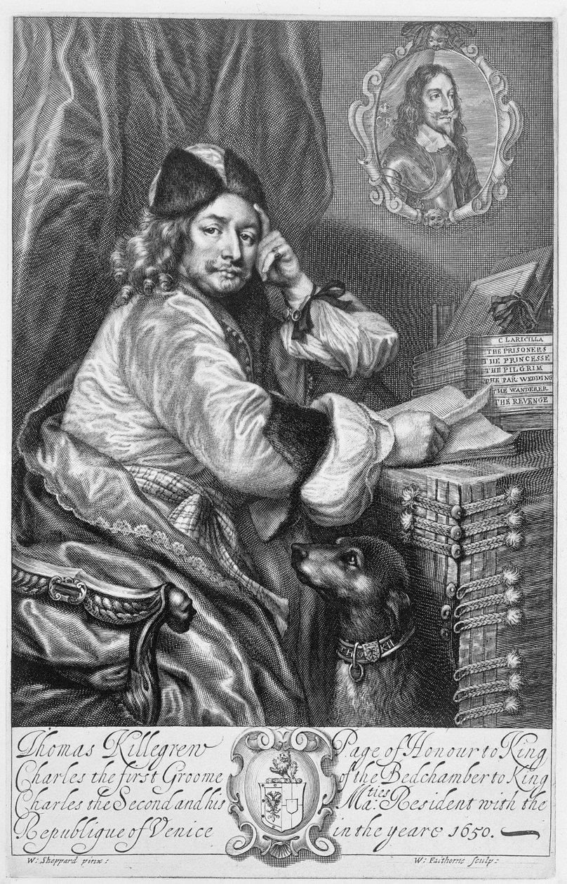 Portrét Thomase Killigrewa (1612-83) restaurátorský dramatik, frontispice k jeho dílům, vyryl William Faithorne (1616-91) 1664 od William Ludlow Sheppard