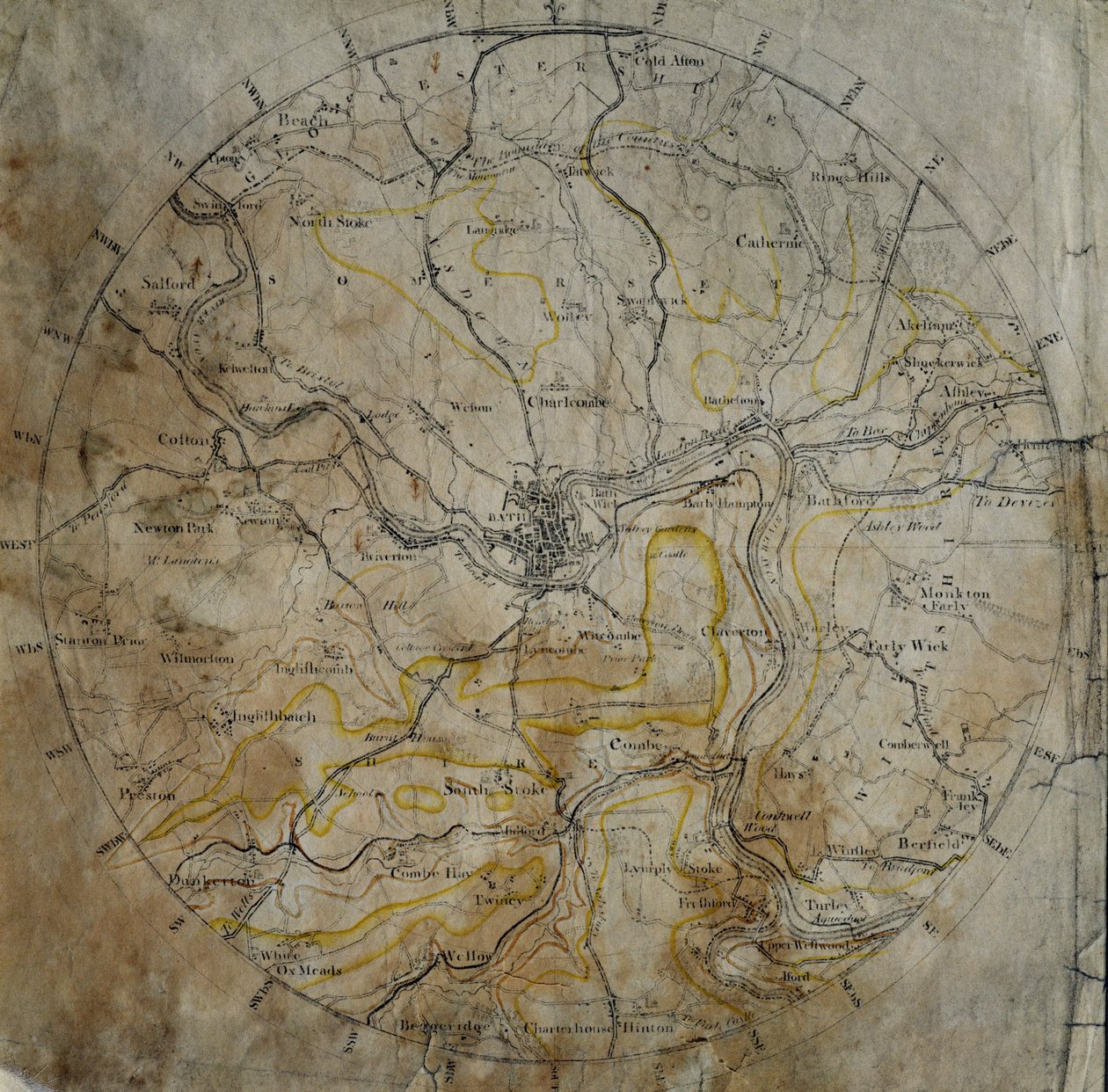 Geologická mapa čtvrti Bath, vyrytá Johnem Carym a poté ručně kolorovaná umělcem, kolem roku 1799 od William Smith
