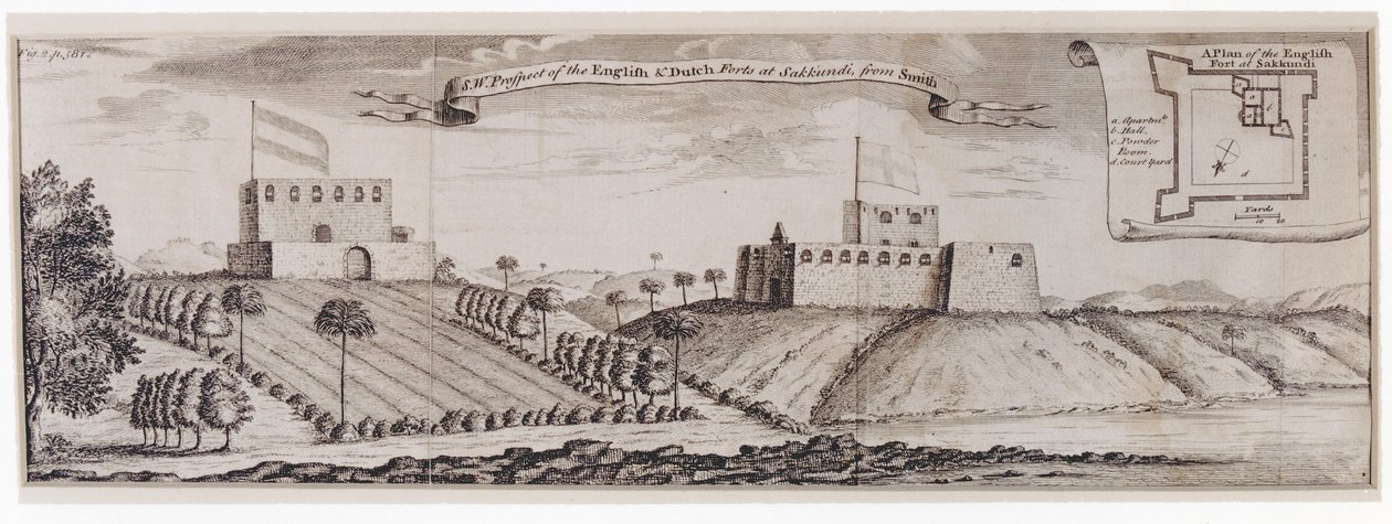 Jihozápadní prospekt anglických a holandských pevností v Sakkundi, kolem roku 1744 od William Smith
