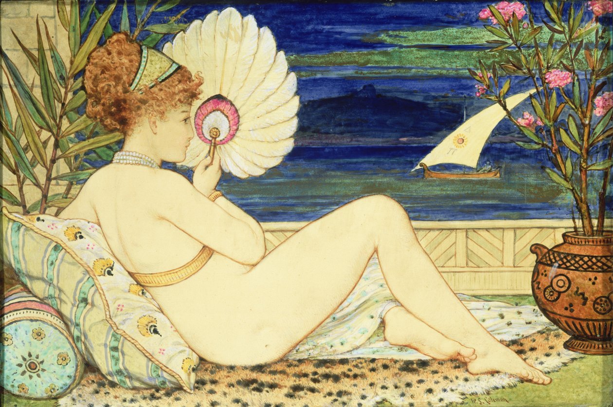 Žena s vějířem, Minton Art Pottery, kolem roku 1872 (malované dlaždice) od William Stephen Coleman