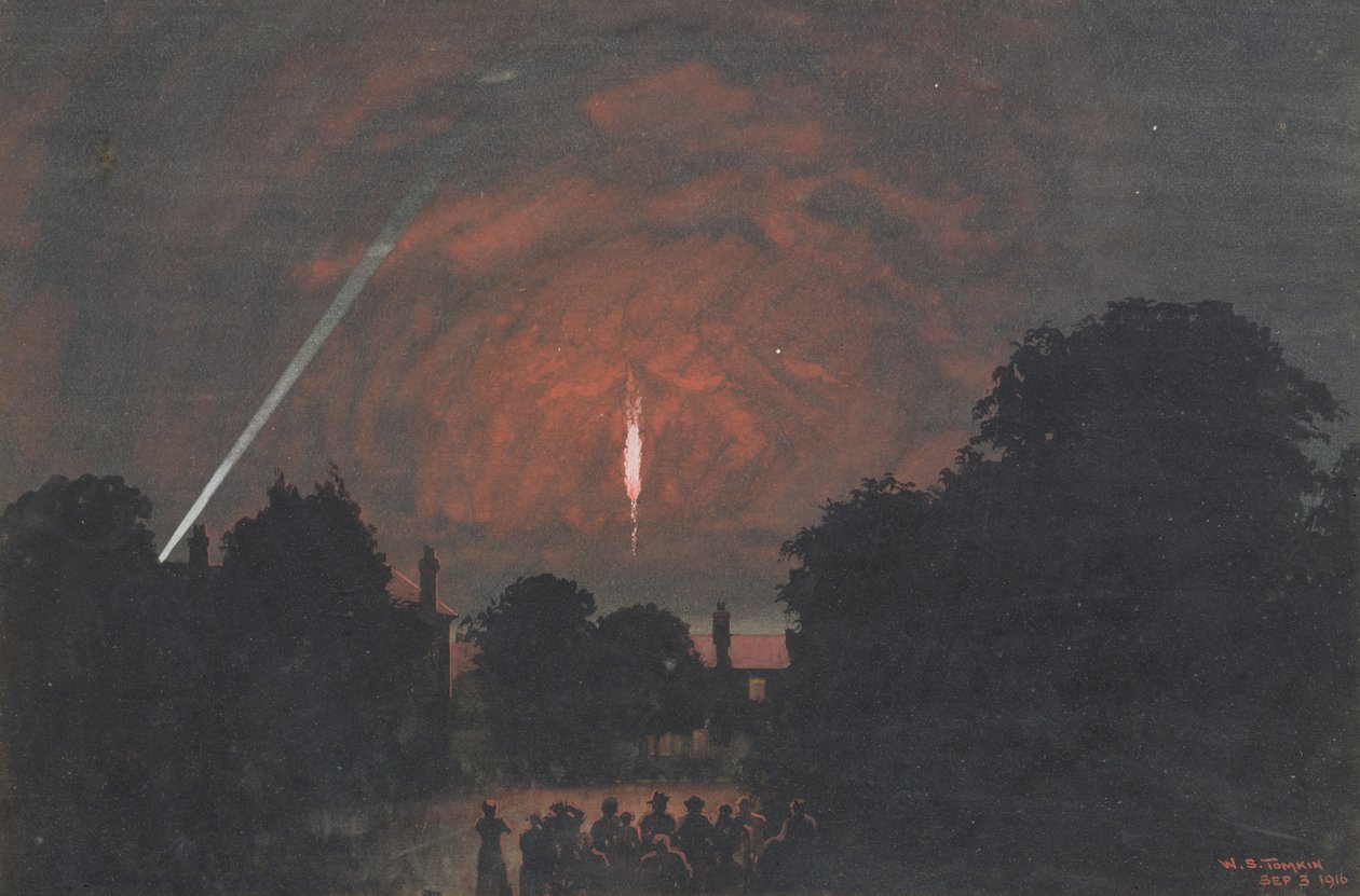 Zeppelin, který spadl u Cuffley, 1916 (čb a bodycolor na papíře) od William Stephen Tomkin