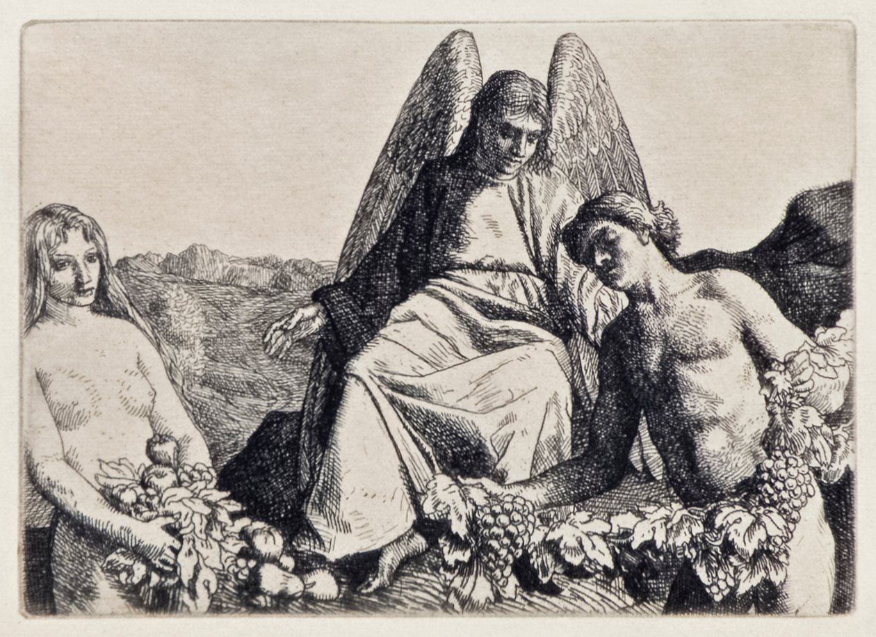 Adam a Eva baví Raphaela ze Ztraceného ráje od Johna Miltona (1608-1674) série 12 ilustrací vyleptaných Williamem Strangem (1859-1921) od William Strang