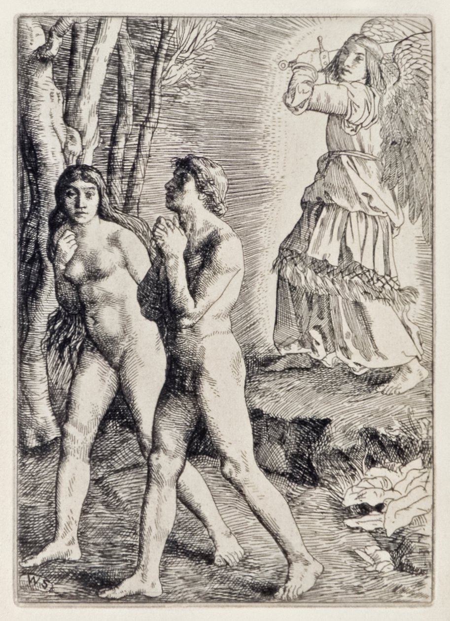 Adam a Eva vyhnáni z ráje ze ztraceného ráje od Johna Miltona (1608-1674) série 12 ilustrací vyleptaných Williamem Strangem (1859-1921) od William Strang