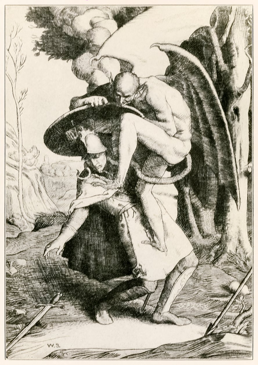 Christian bojuje s Apollyonem z Poutníci postupují z tohoto světa, do toho, co má přijít John Bunyan (1628-1688) ilustrace William Strang (1859-1921) Christian bojuje s Apollyonem ve Va od William Strang