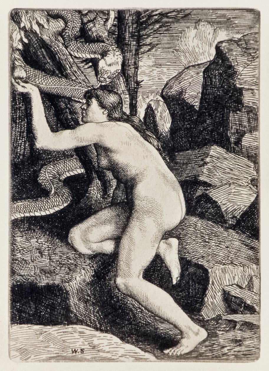 Eva pokoušená Satanem v podobě hada ze ztraceného ráje John Milton (1608-1674) série 12 ilustrací vyleptaných Williamem Strangem (1859-1921) od William Strang