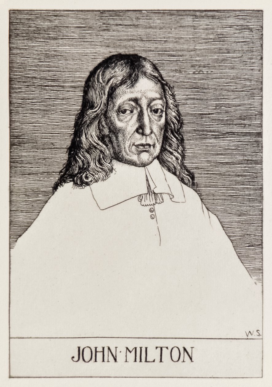Frontispisový portrét Johna Miltona (1608-1674) ze Ztraceného ráje podle série 12 ilustrací vyleptaných Williamem Strangem (1859-1921) od William Strang