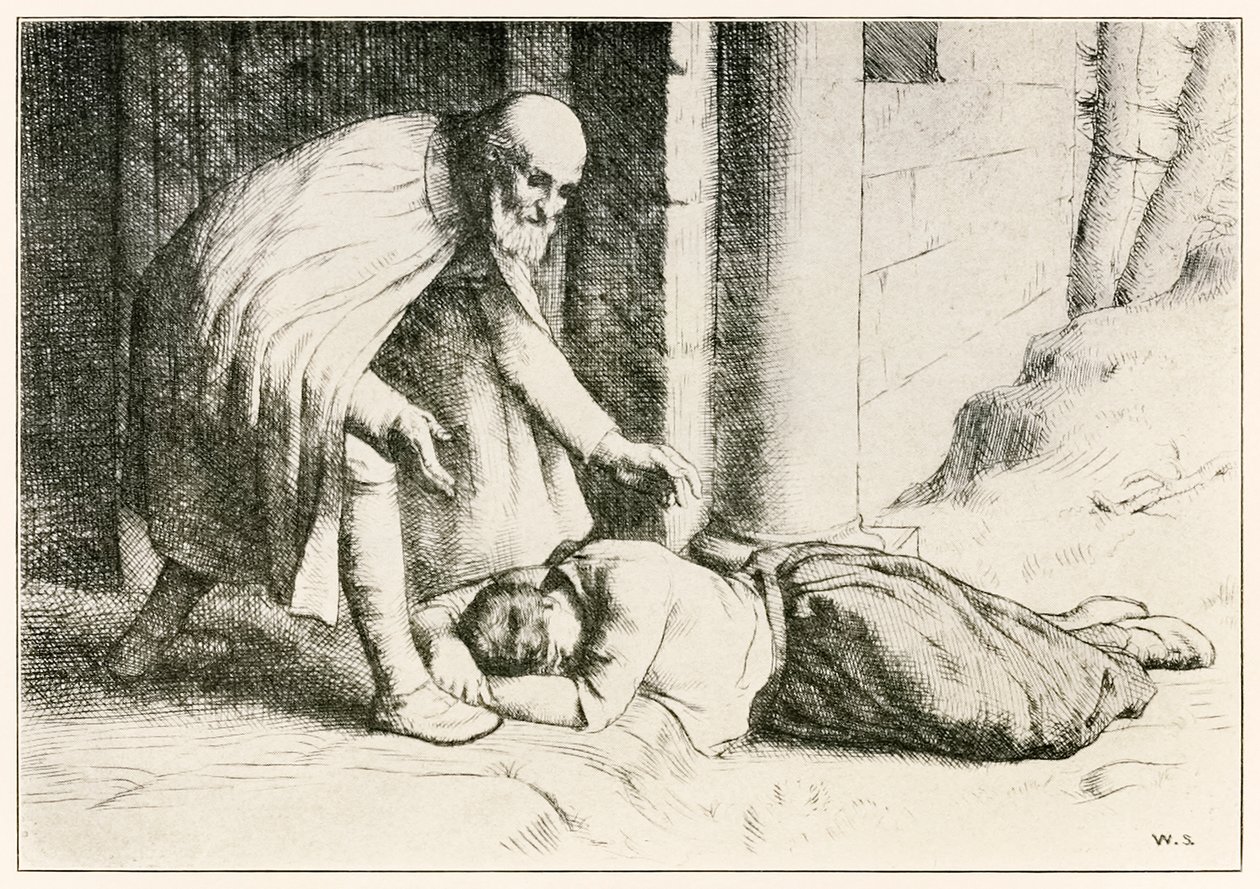 Mercy omdlévá před bránou z Poutníci postupují z tohoto světa, do toho, co přijde John Bunyan (1628-1688) ilustrace William Strang (1859-1921) Vrátný pomáhá Mercy, která f od William Strang