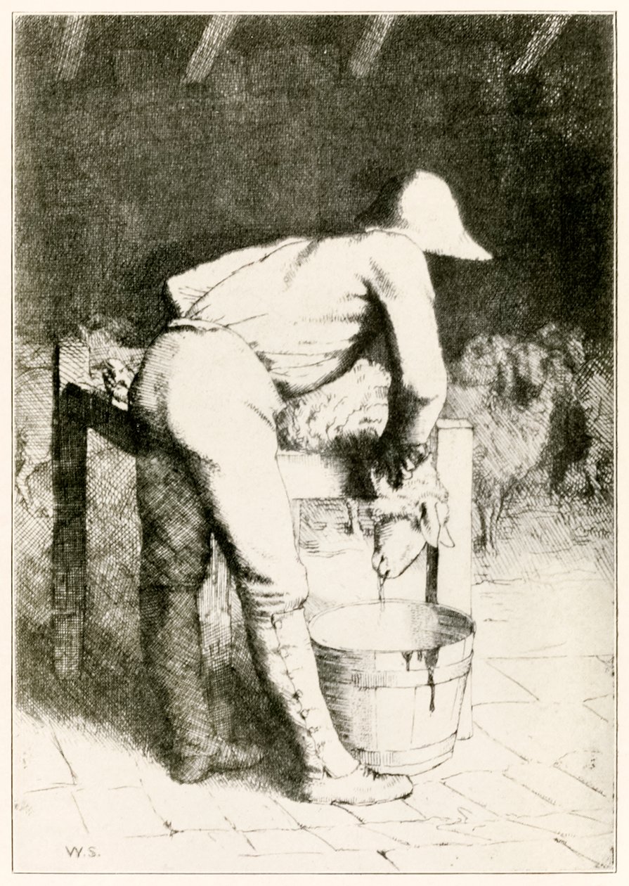 Řezník a ovce z Poutníci postupují z tohoto světa, do toho, co má přijít John Bunyan (1628-1688) ilustrace William Strang (1859-1921) Ovce bere svou smrt v tichosti od William Strang