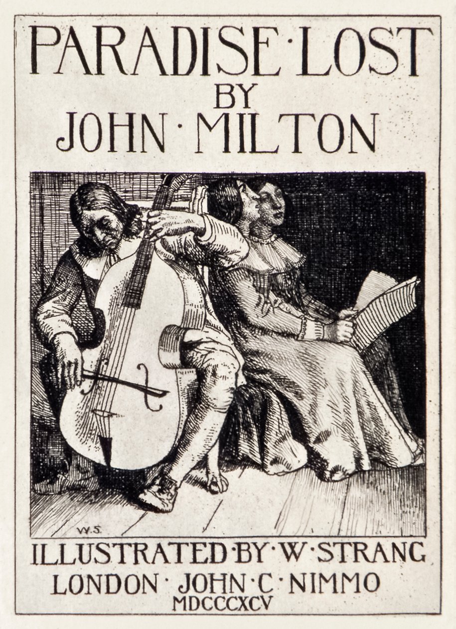 Titulní strana z Paradise Lost od Johna Miltona (1608-1674) série 12 ilustrací vyleptaných Williamem Strangem (1859-1921) zobrazující Miltona hrajícího na violoncello pro své dcery. od William Strang