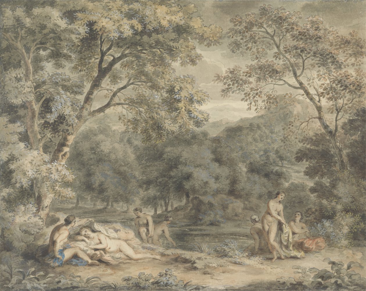 Koupání nymf na zalesněném mýtině, kolem 1765-70 (wc a kvaš na papíře) od William Taverner
