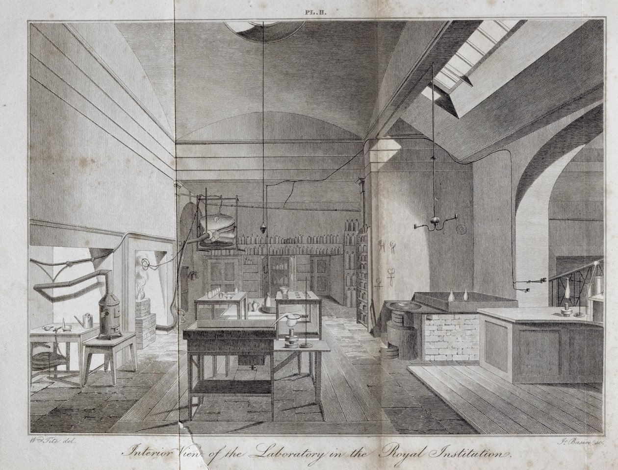Vnitřní pohled na laboratoř v The Royal Institution, vyrytý Jamesem Basire (1796-1869) od Williama Thomase Brandese A Manual of Chemistry, publikovaný 1819, 1819 od William Tite