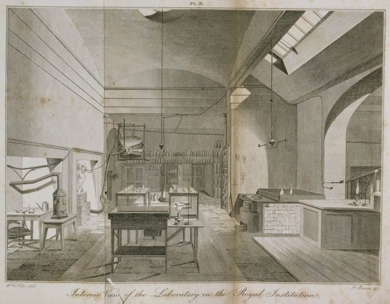 Interiér suterénní laboratoře Royal Institutions, z Manual of Chemistry, od W.T. Brande, rytý James Basire, 1819 lept od William Tite