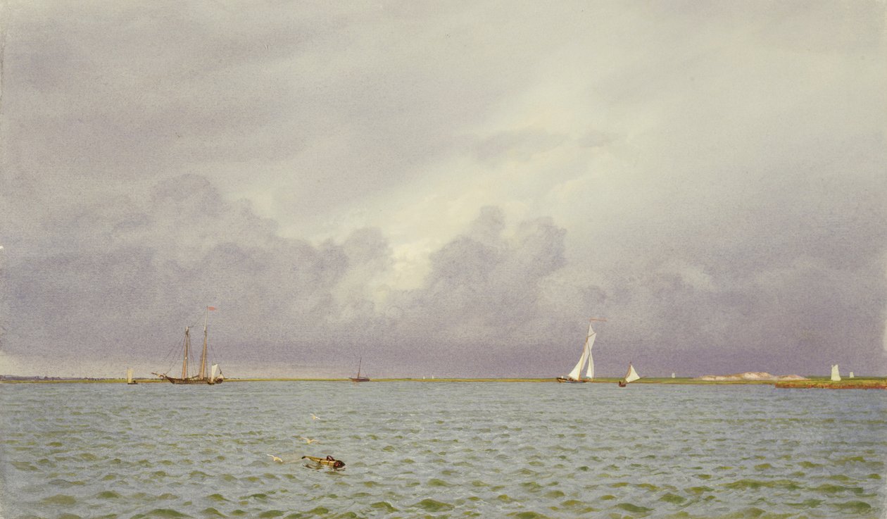 Marine with Yachts, 1865-75 (wc a kvaš na zeleno-šedém tkaném papíře) od William Trost Richards
