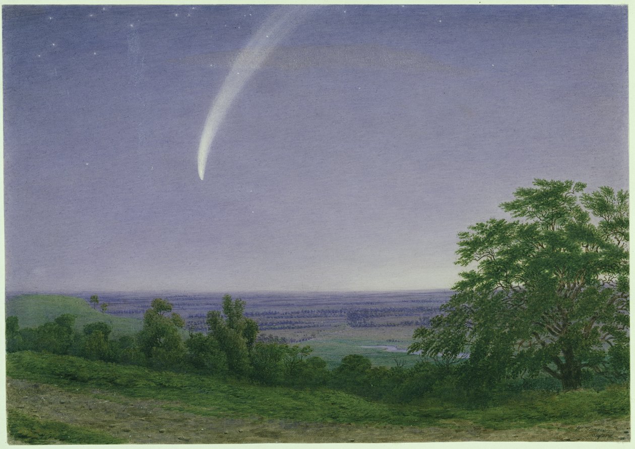 Donatiho kometa, Oxford, 19:30, 5. října 1858 (wc und bodycolour přes grafit na papíře) od Joseph Mallord William Turner