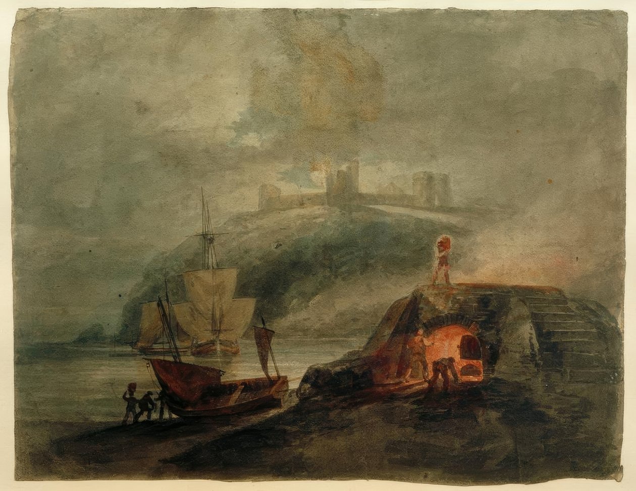 Hrad Llanstephan za měsíčního svitu, s pecí v popředí od Joseph Mallord William Turner