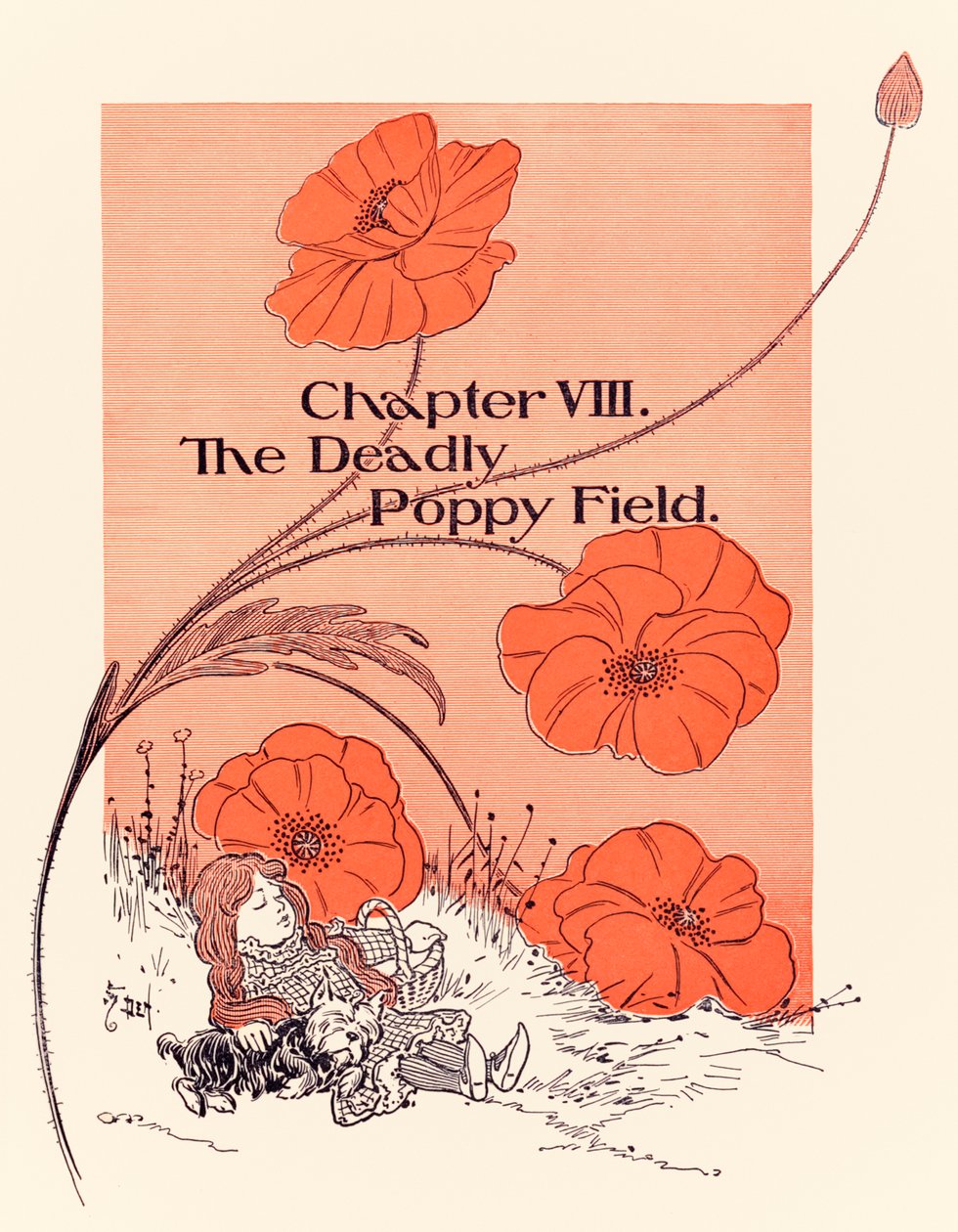 ?Kapitola VIII The Deadly Poppy Field?, otvírák kapitoly z ?The Wonderful Wizard of Oz? od L. Franka Bauma od William Wallace Denslow