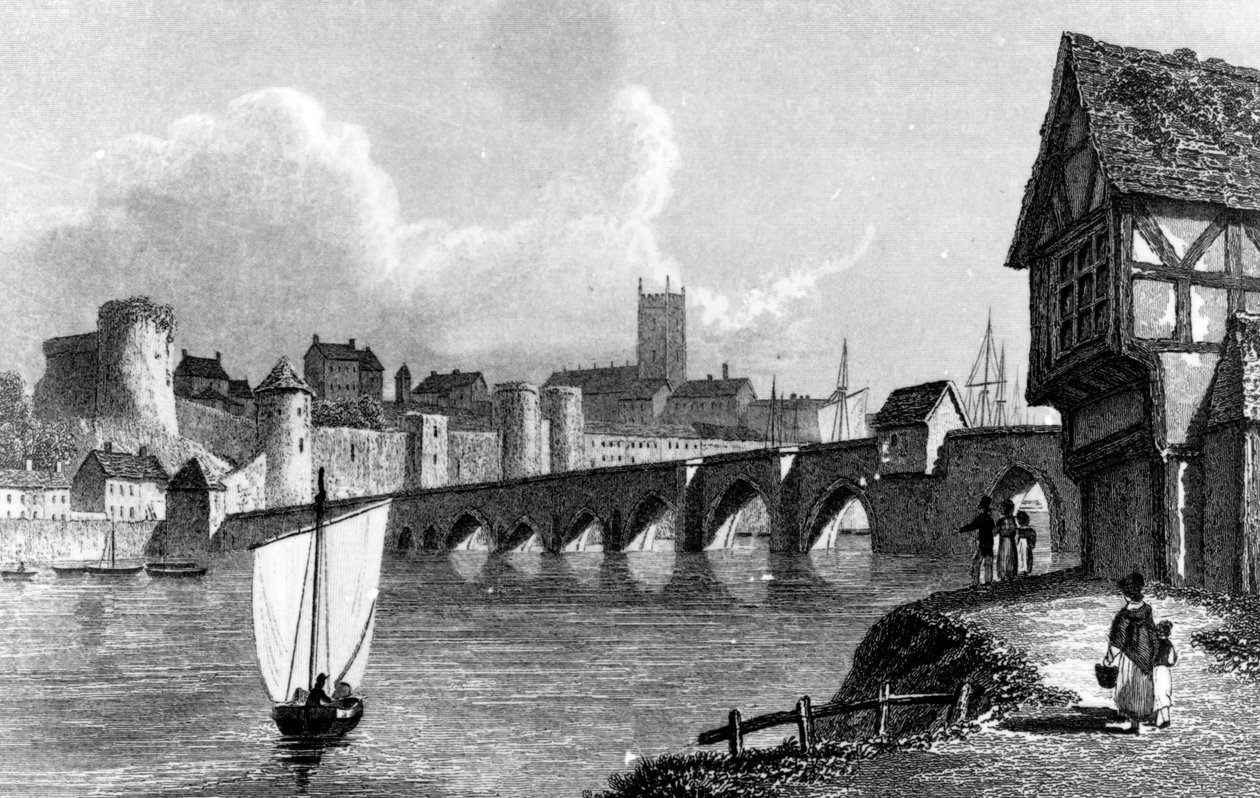 Hrad a město Limerick, vyryl E. Finden, 1829 od William Westall