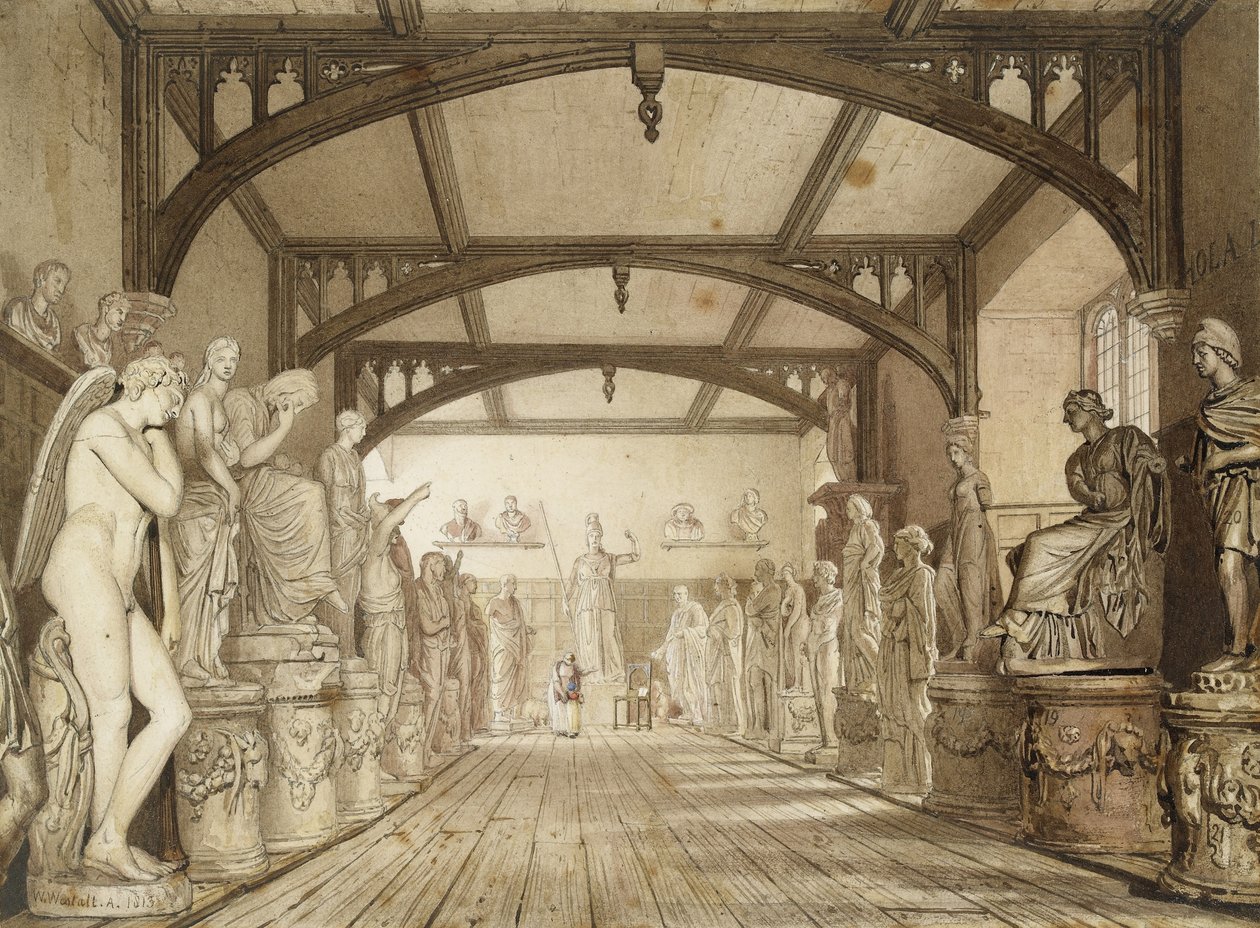 The Sculpture Gallery in the Examination Schools, Oxford, 1813 (pero a hnědý inkoust a vodové barvy přes náznaky v grafitu) od William Westall