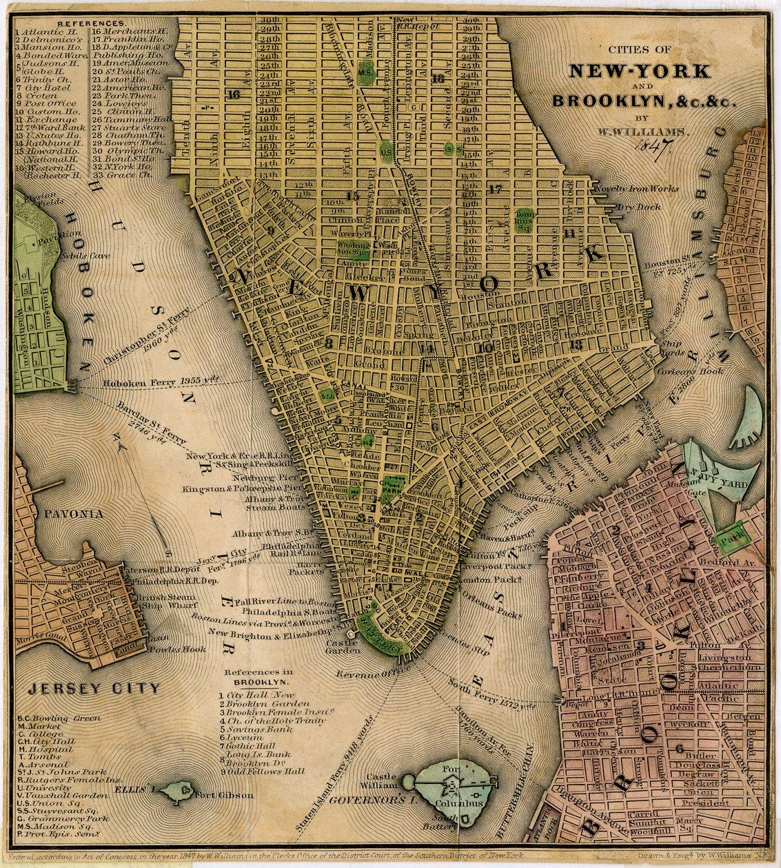 Města New-York a Brooklyn, undc. undc., 1847 (černá a barevná tuš na papíře, podloženo papírem) od William Williams