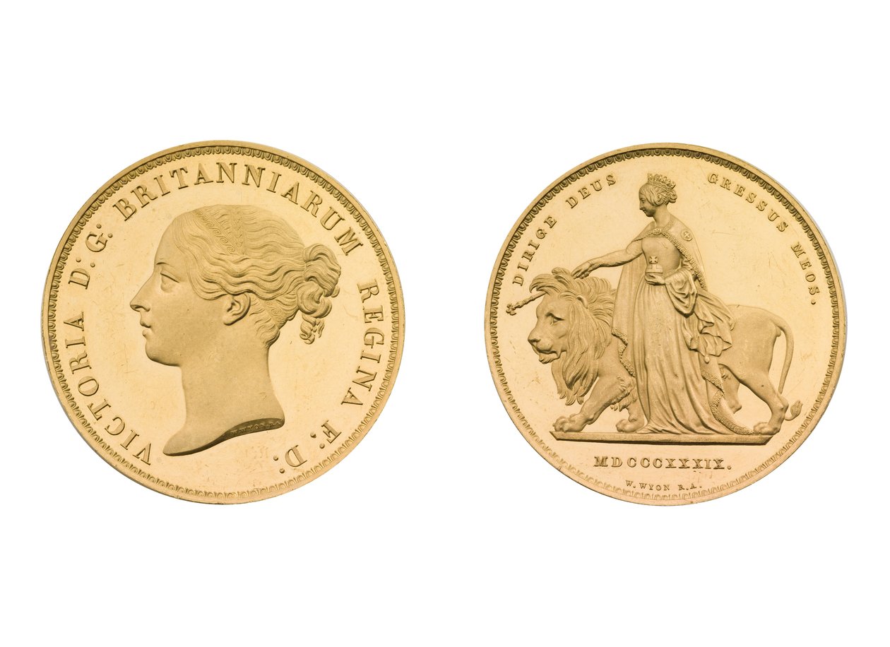 Vzor Una a lev 5 £ kus, 1839 (zlato) od William Wyon