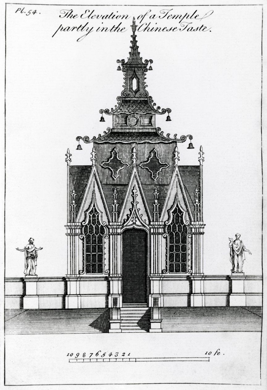Povýšení chrámu částečně v čínském vkusu, z New Designs for Chinese Temples, publikované 1750-52 od William after Halfpenny