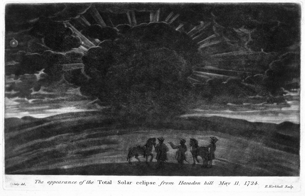 The Appearance of the Total Solar Eclipse z Haradon Hill, 11. května 1724, vyryto E. Kirkhallem (mezzotinta) od William after Stukeley