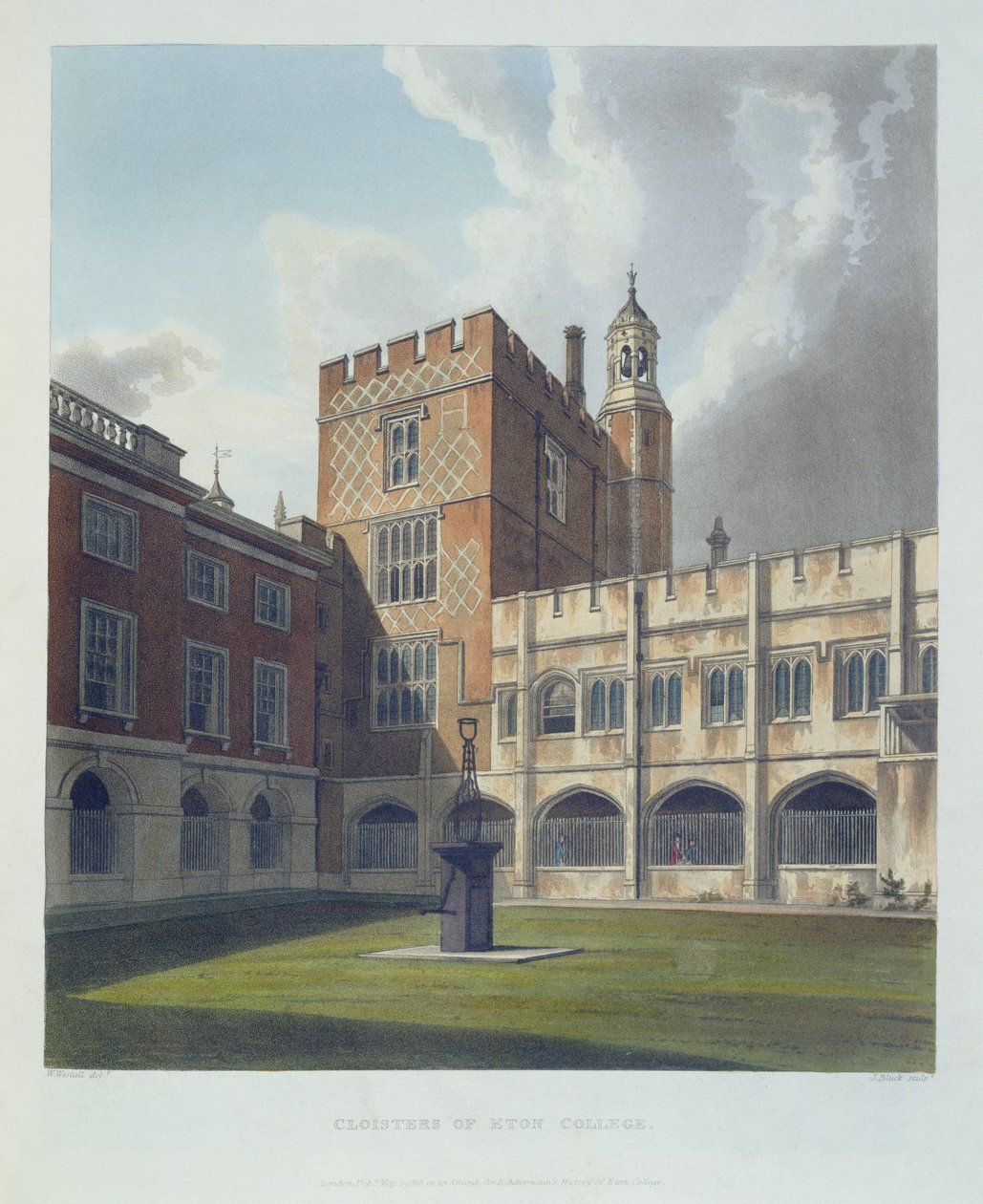 Cloisters of Eton College, od History of Eton College, část History of the Colleges, vyryl J. Bluck (fl.1791-1831) pub. od R. Ackermanna, 1816 (akvatinta) od William after Westall