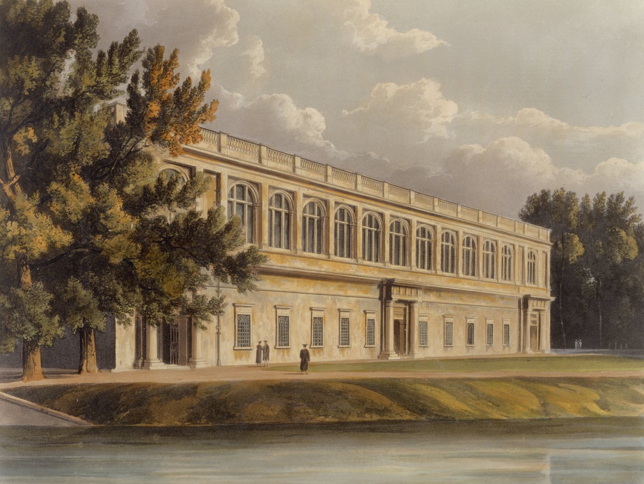 Exteriér Trinity Library ze St. Johns Gardens, Cambridge, z The History of Cambridge, rytý Joseph Constantine Stadler (fl.1780-1812), pub. od R. Ackermanna, 1815 (barevná akvatinta) od William after Westall