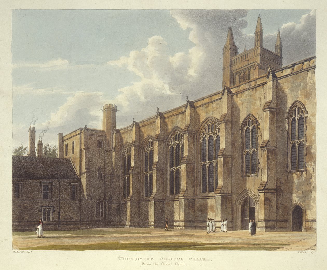 Kaple Winchester College z Velkého dvora, z historie Winchester College, část Historie kolejí, vyryla J. Bluck (fl.1791-1831) pub. od R. Ackermanna, 1816 (akvatinta) od William after Westall