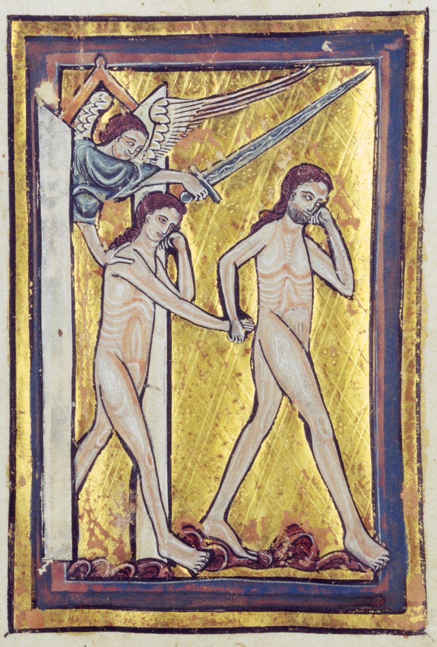 Adam a Eva vyhnaní z ráje, z knihy Bible Pictures, kolem roku 1250 od William de Brailes  