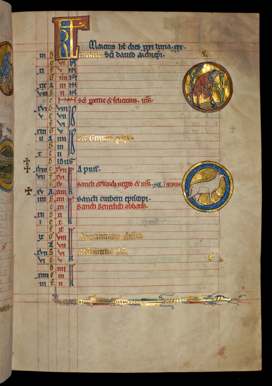 Ms 322 f.2r, March, kopající muž, ilustrace z 
