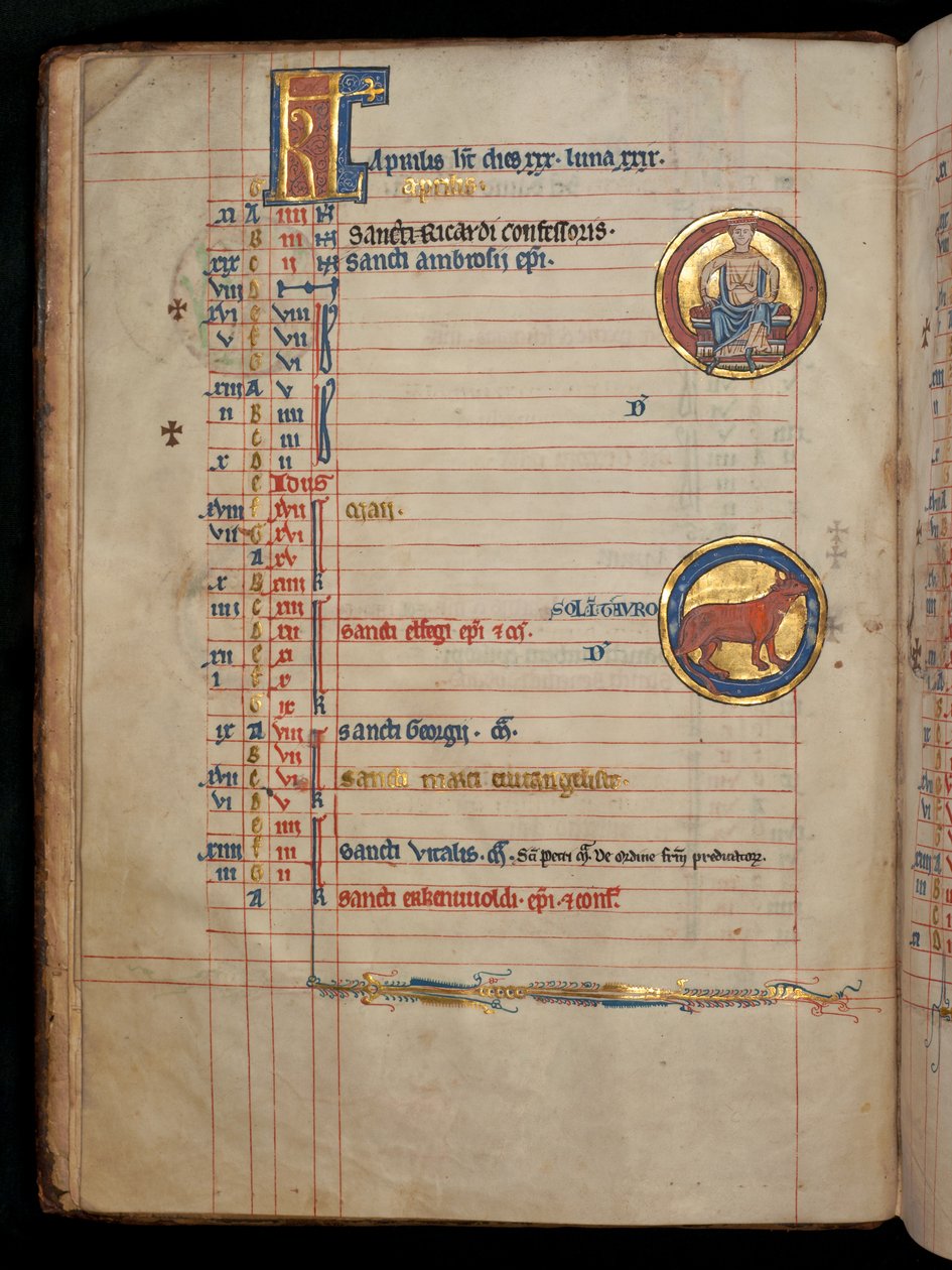 Ms 322 f.2v, duben, sedící muž držící dvě květiny, ilustrace z 