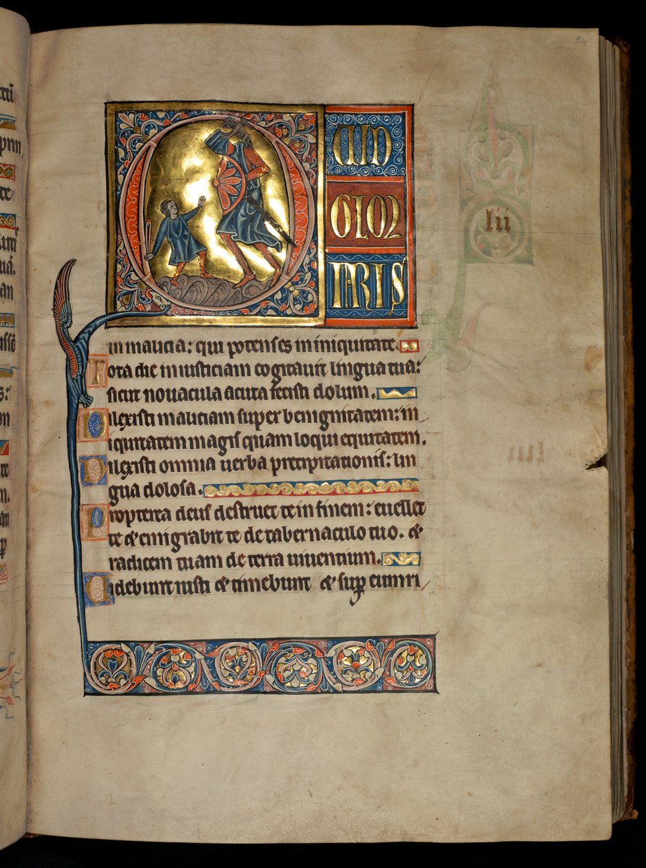 Ms 322 f.54r, Žalm 51, iniciála Q, David a Goliáš, ilustrace z 