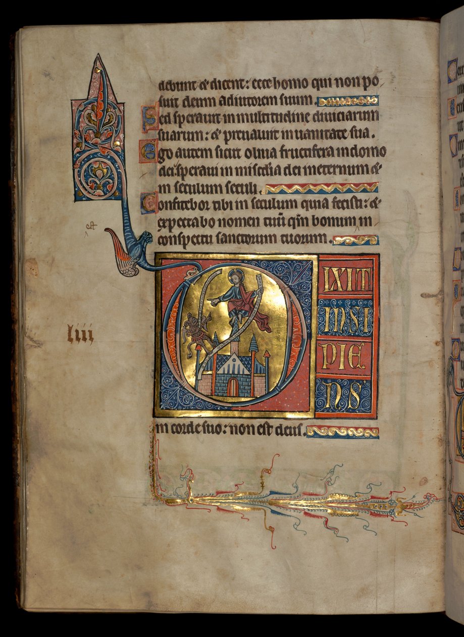 Ms 322 f.54v, Žalm 52, iniciála D, Pokušení Krista, ilustrace z 